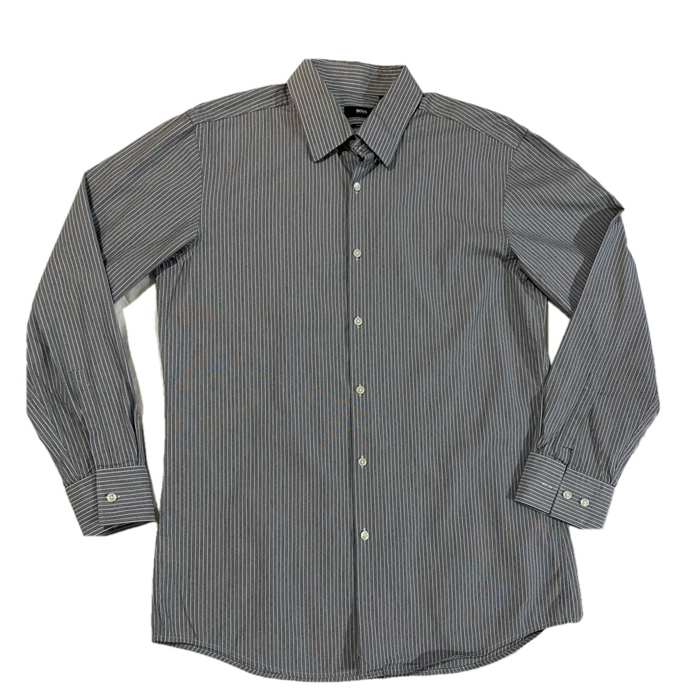 Hugo Boss stripped  button down grey-white slim fit casual preppy Dress shirt